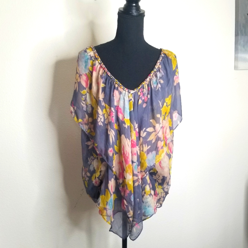 Postella Silk Floral Blouse Butterfly Sleeves V-neck Pullover Flowy